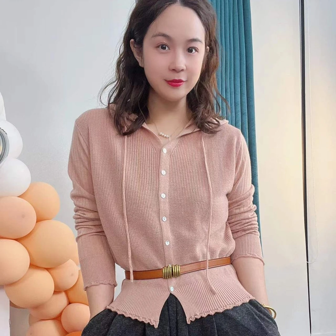 时尚春款长袖坑条带帽羊毛衫针织衫帽衫连帽开衫#8310