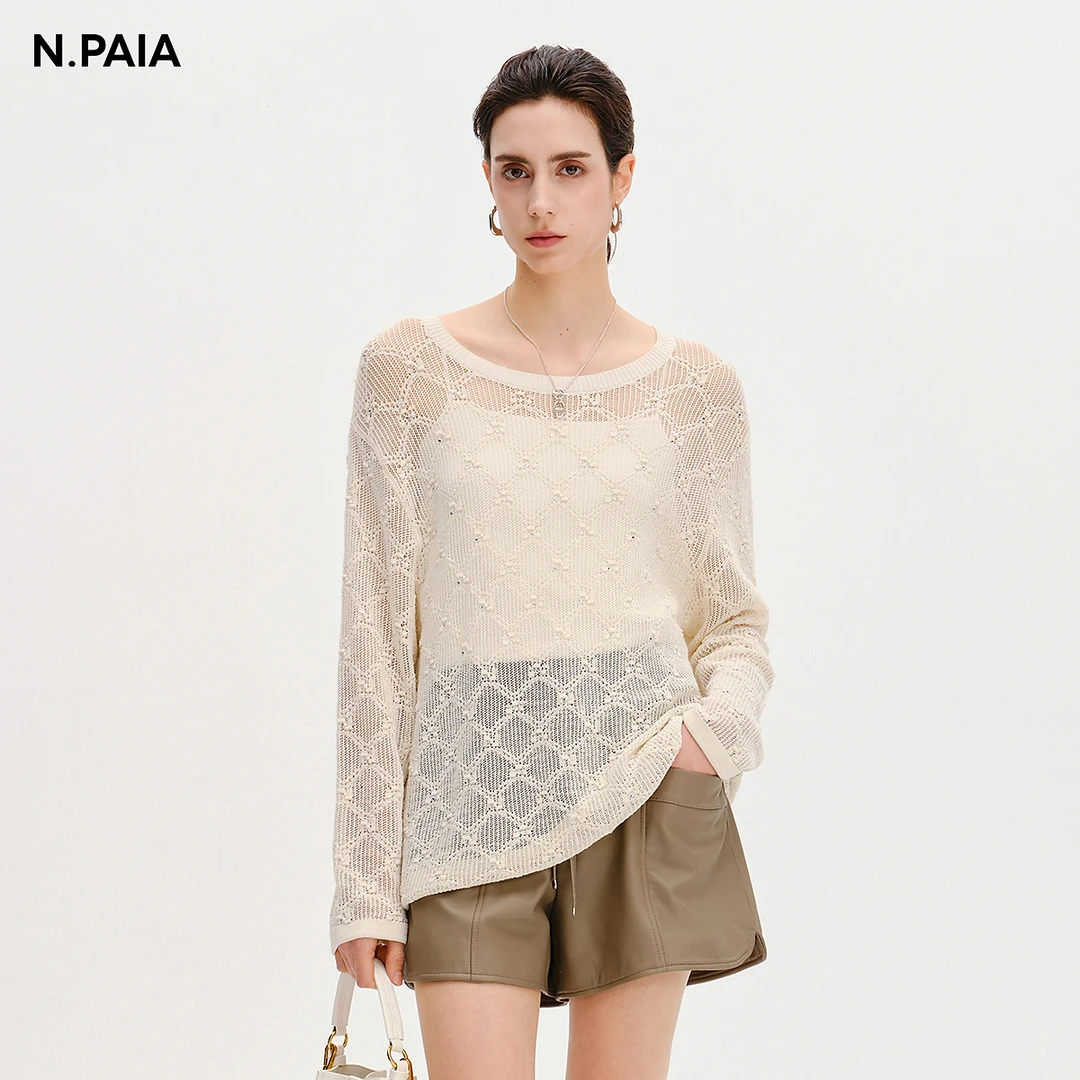 恩派雅2025新款醋纤棉慵懒罩衫镂空烫钻圆领针织衫女XNKPC9515A