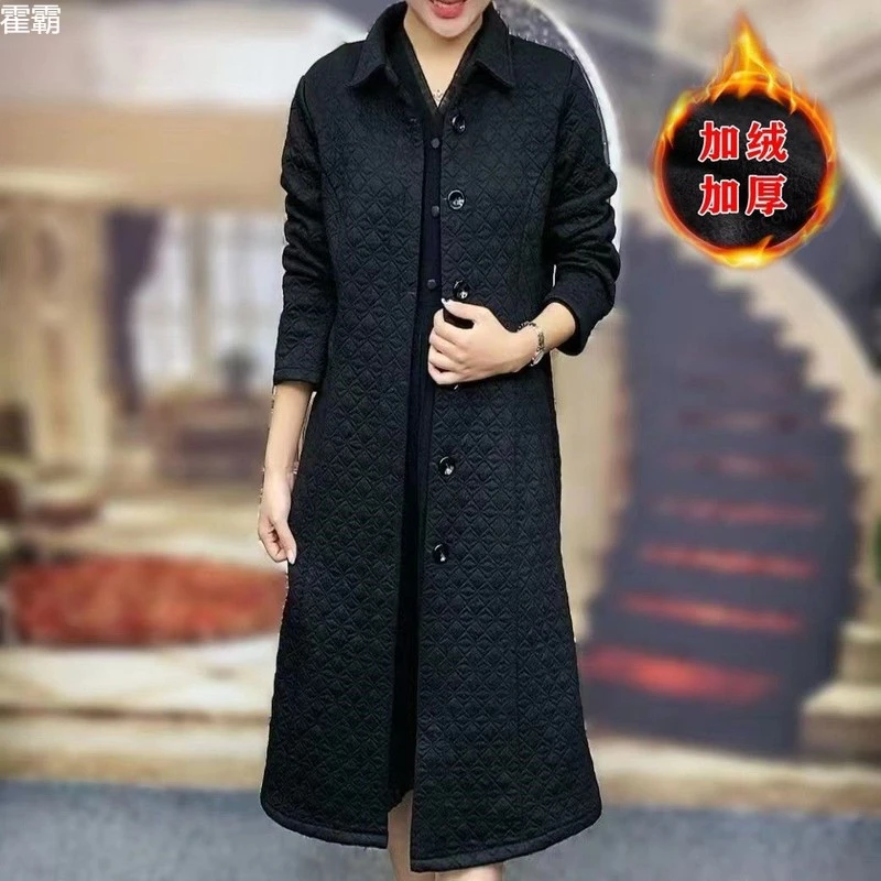 高端轻奢宽松翻领新款高端色加绒加厚长款风衣妈妈洋气秋冬中老女