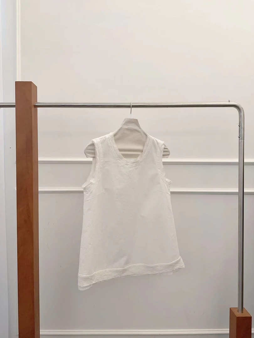 SS251655  小众设计师拼接手工抽丝棉质双层领无袖衬衫