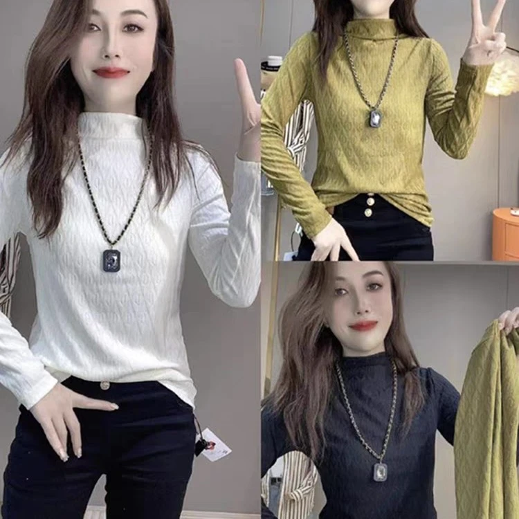提花打底衫女2025新款秋冬半高领长袖内搭修身显瘦上衣打底衫