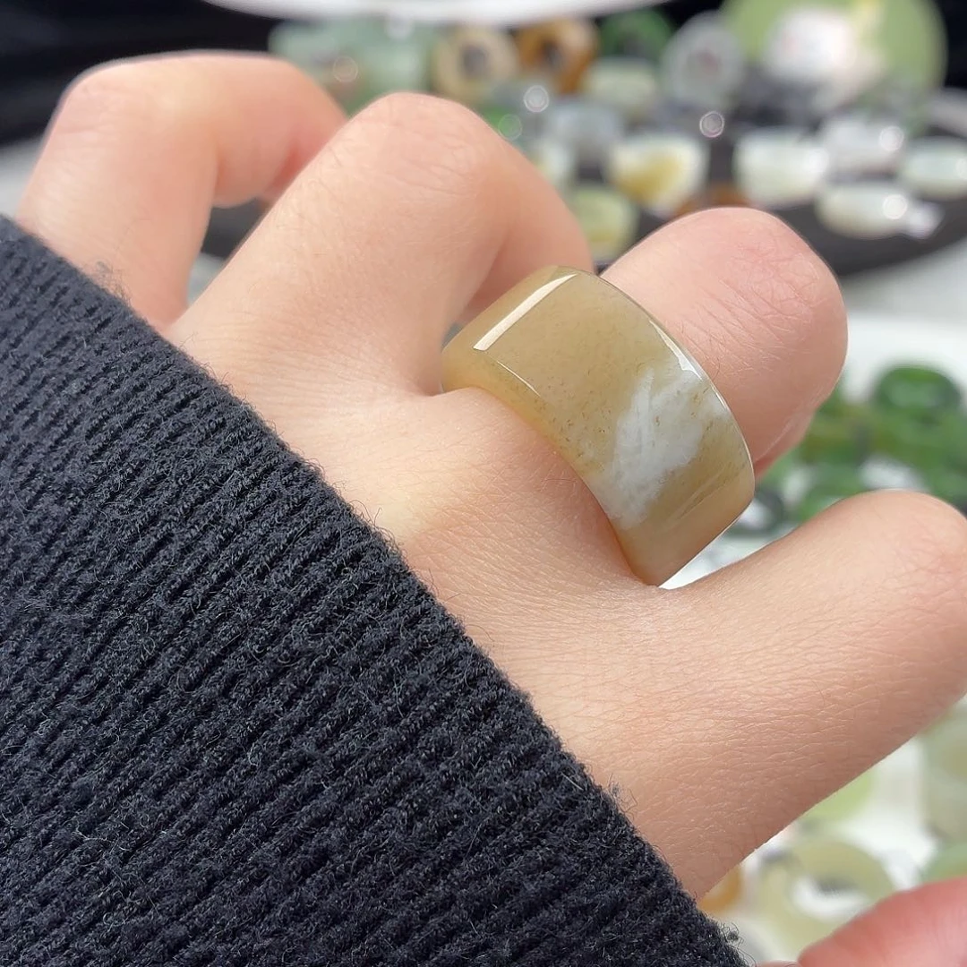 和田玉未镶嵌戒指S9牛轧糖圆切17.9