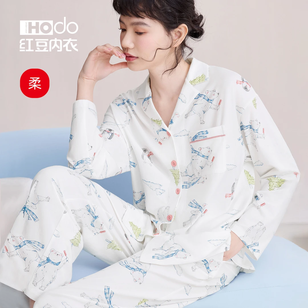 红豆女睡衣长袖棉莫代尔春秋新款夏薄小熊短袖短裤睡裙家居服套装