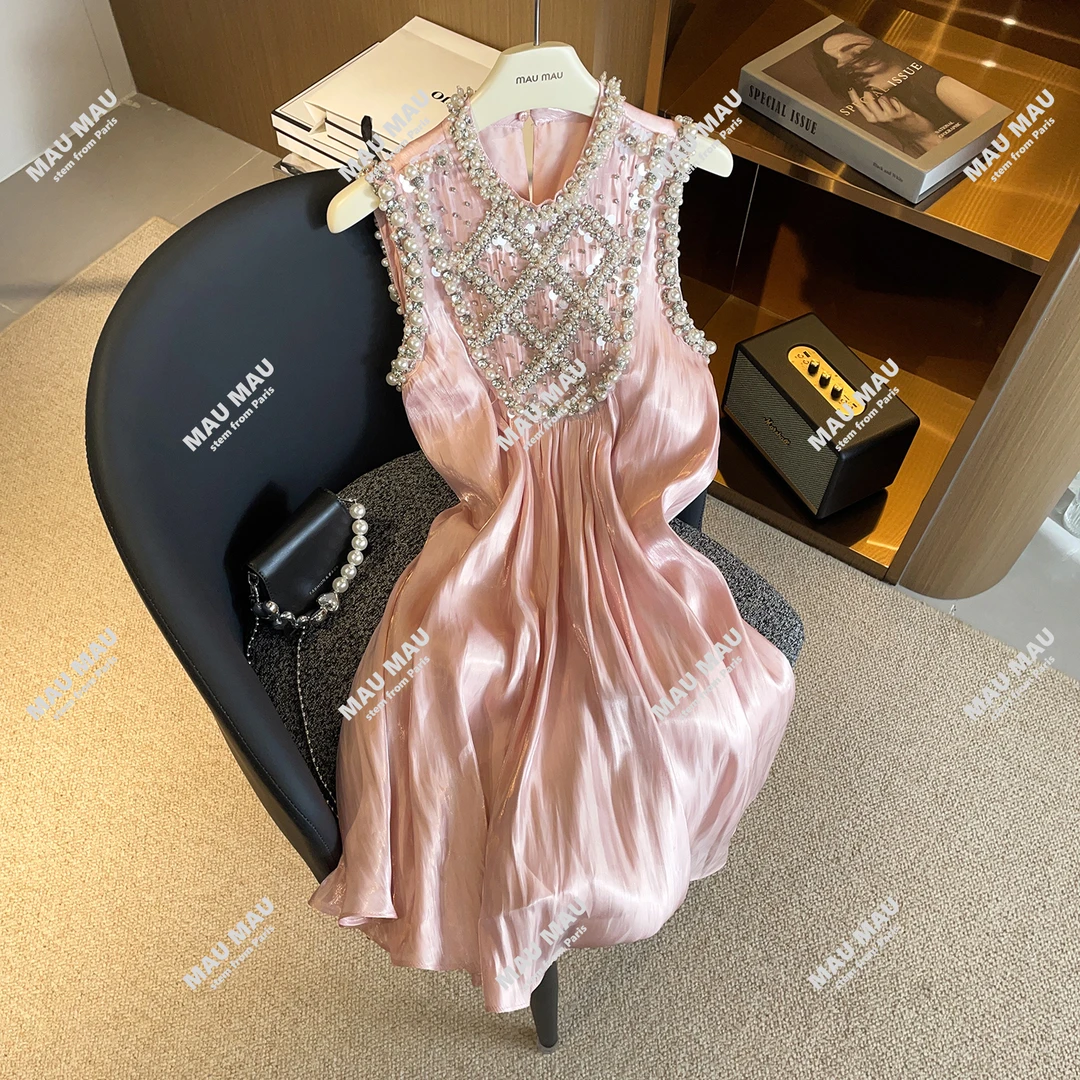 夏公主连衣裙洋气重工钉珠粉色少女裙DY8043