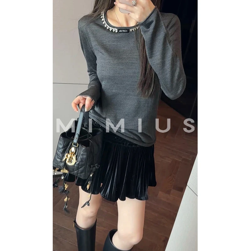 【mimius】喵喵  高支细羊毛亮钻拼接圆领长袖打底上衣 WG10109
