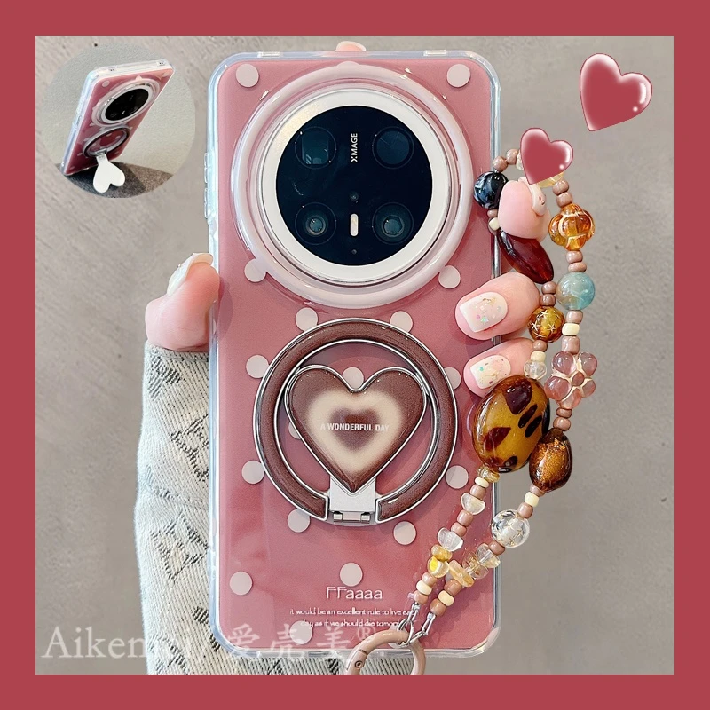 适用华为mate70pro+手机壳棕色波点mate60pro+爱心折叠磁吸支架女