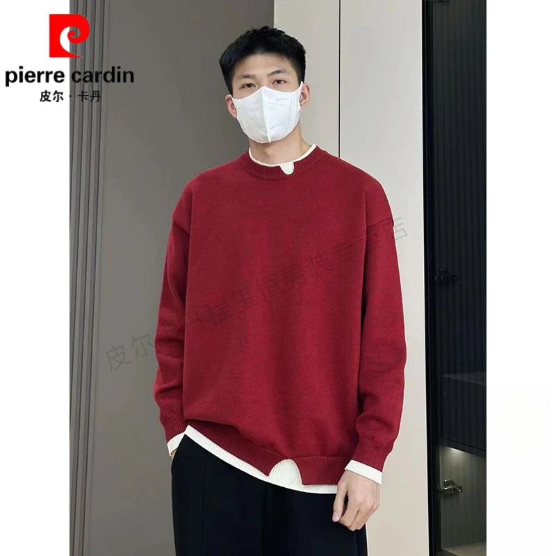 皮尔卡丹冬季男士假两件圆领宽松套头红色毛衣设计感打底衫针织衫