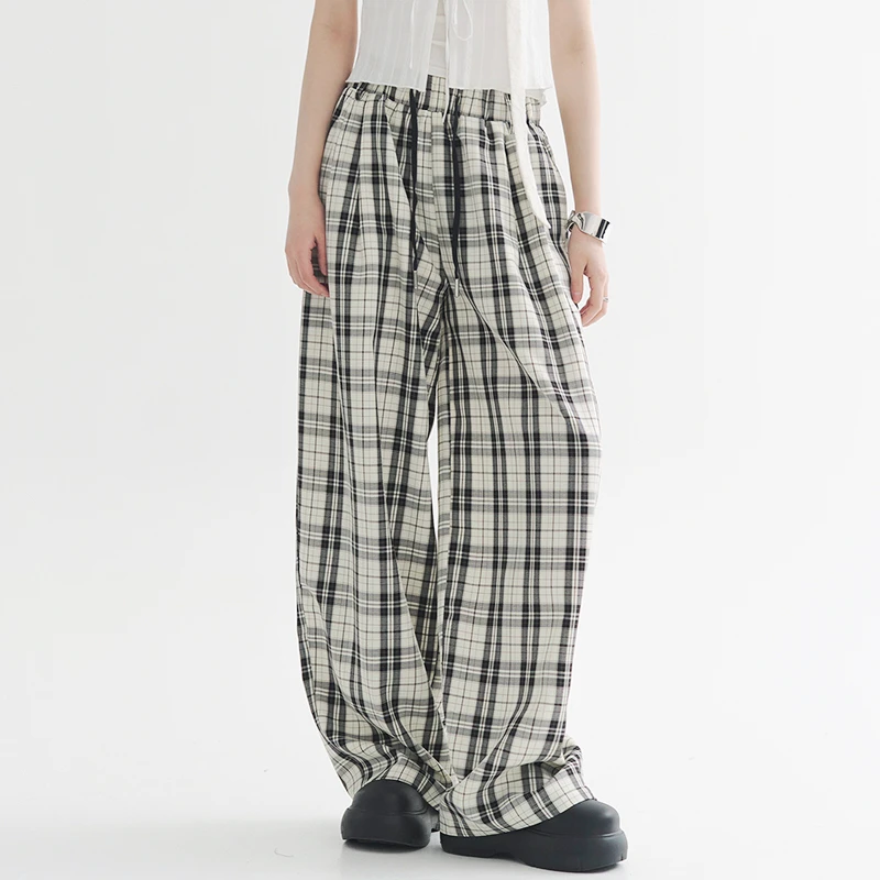 万有引力博物馆 格子休闲裤女春季2025年新款宽松裤子阔腿裤长裤