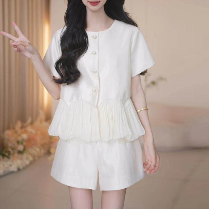 时尚气质套装女2025夏季新款洋气显瘦拼接短袖上衣阔腿裤两件套潮