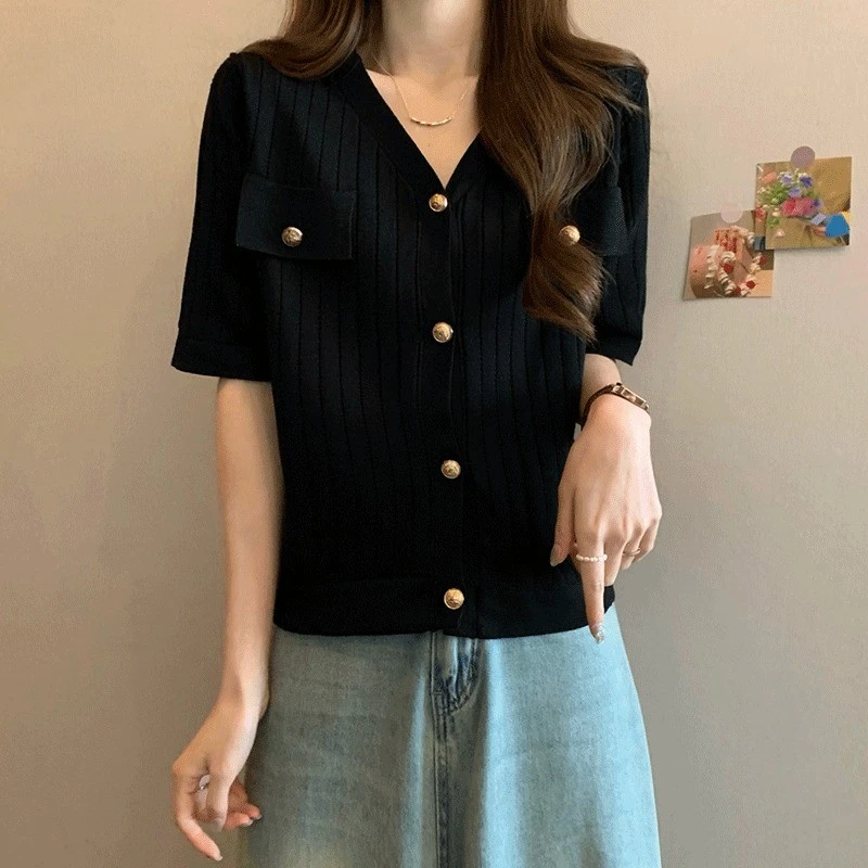 法式冰丝针织衫女2025夏季新款大码微胖遮肚子小香风宽松短袖上衣