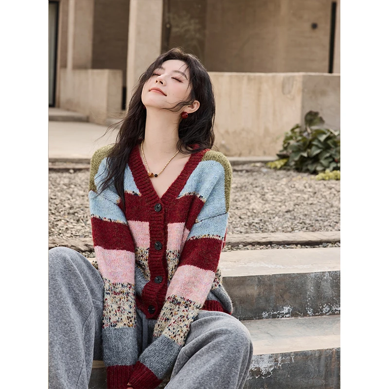 【年末大促】谜秀条纹撞色软糯慵懒风宽松针织开衫2024秋冬毛衣外套