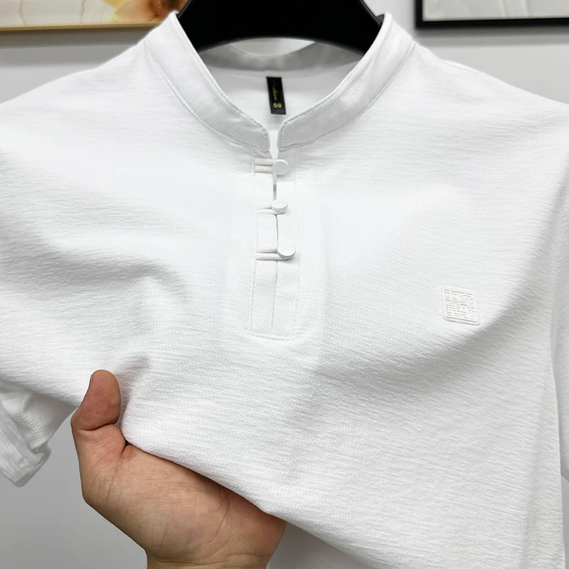 CATIA SELI中国风男士短袖t恤纯色长绒棉透气上衣休闲宽松V领半袖