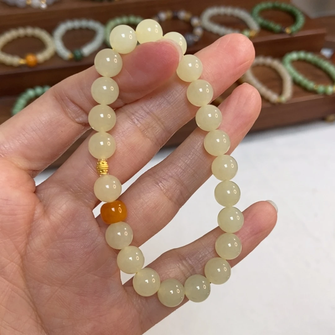 和田玉18K金镶嵌手链8mm黄口