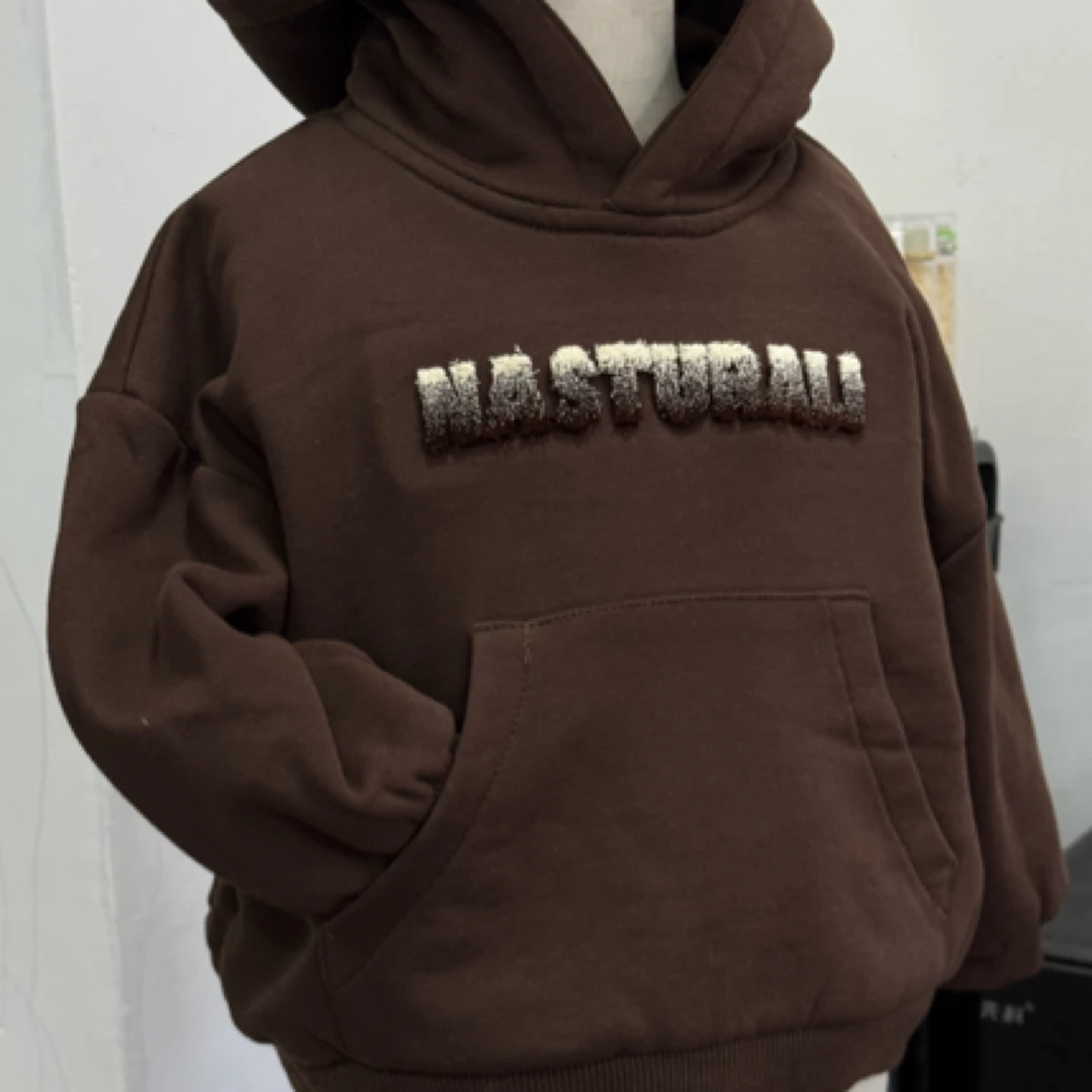 秋冬新款儿童加绒字母连帽卫衣韩版宽松男女宝宝纯色韩版洋气上衣