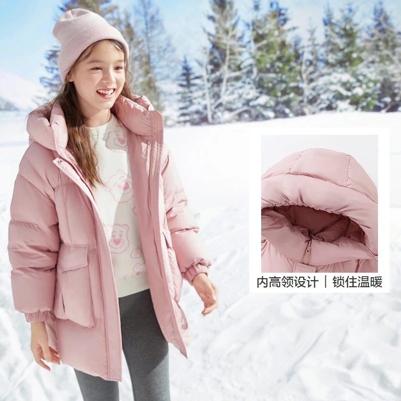 女童中长款羽绒服冬季童装大童加厚多巴胺色外套