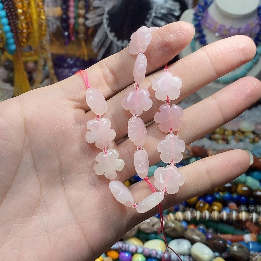石英质玉未镶嵌，5颗天然粉水晶雕刻五瓣花15mm，