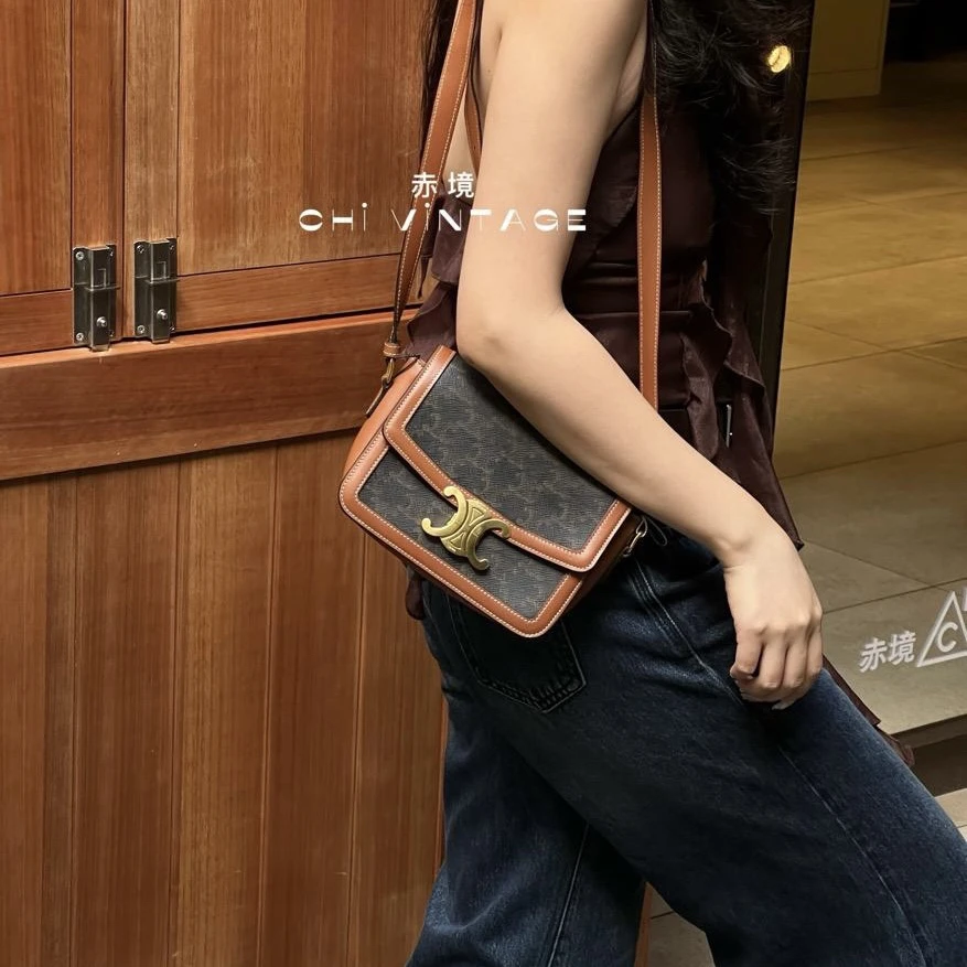 99新 Celine/思琳 8090 老花凯旋门斜挎包小号