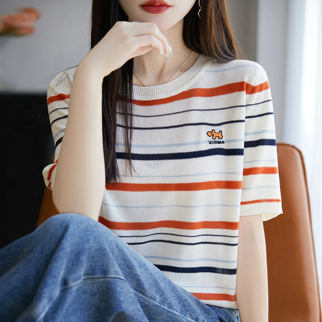 胖mm夏装特大码冰丝针织衫女士短袖t恤宽松遮肚子巨显瘦条纹上衣