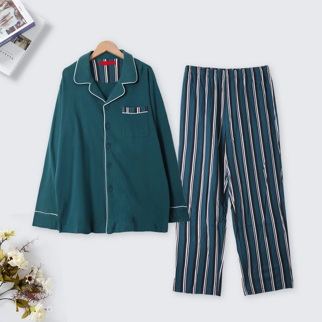 BB880 睡衣睡裤男士家居服纯棉套装条纹长袖长裤 舒适柔软透气