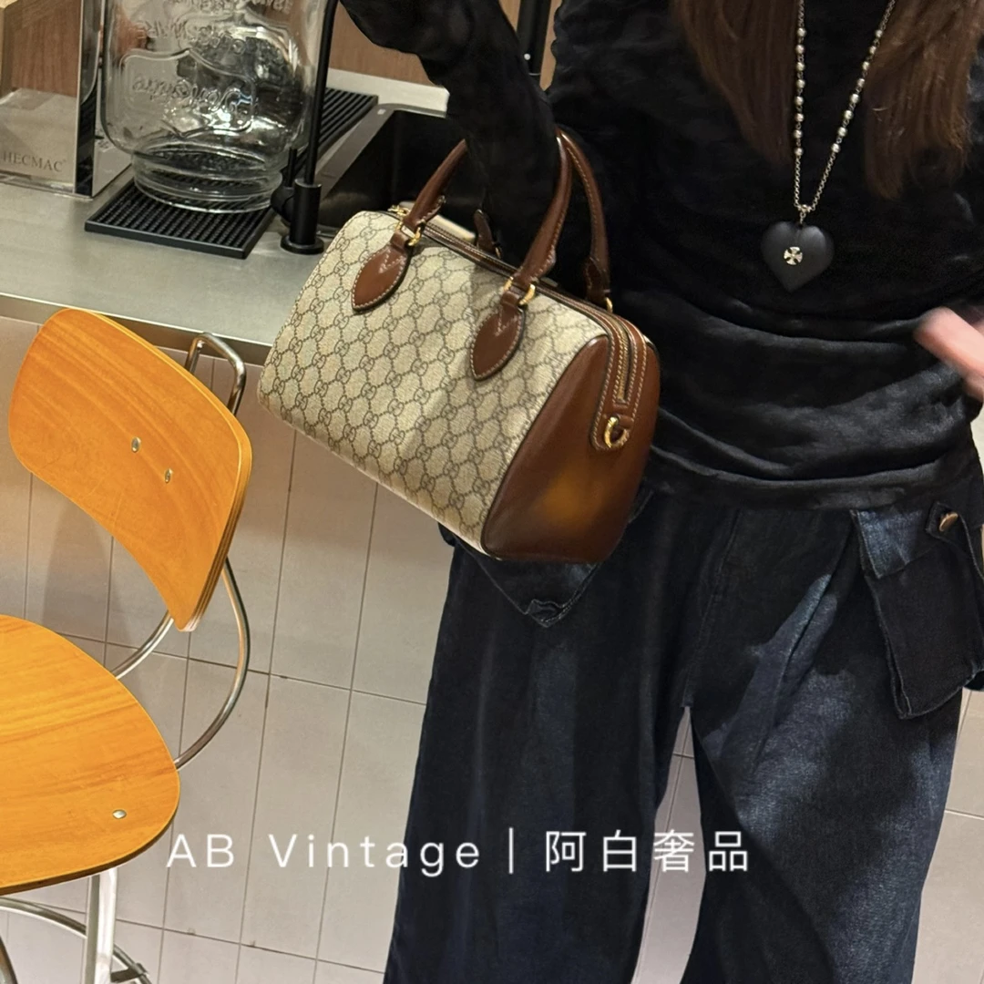 95新 GUCCI/古驰 阿白奢品/古驰 焦糖色老花波士顿手提包