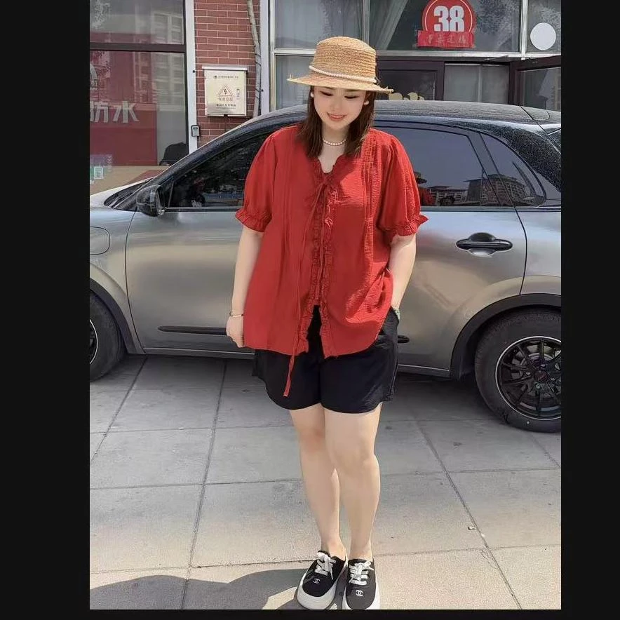 「身体高光」东东家*9525大码新款百搭宽松显瘦V领短袖上衣