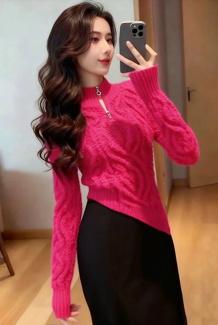 巨好看的气质女士上衣慵懒高级感复古轻熟风玫红色针织衫毛衣女冬
