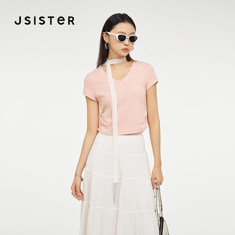 jsister 夏装新款 JS女装时尚V领修身显瘦T恤 S422101253