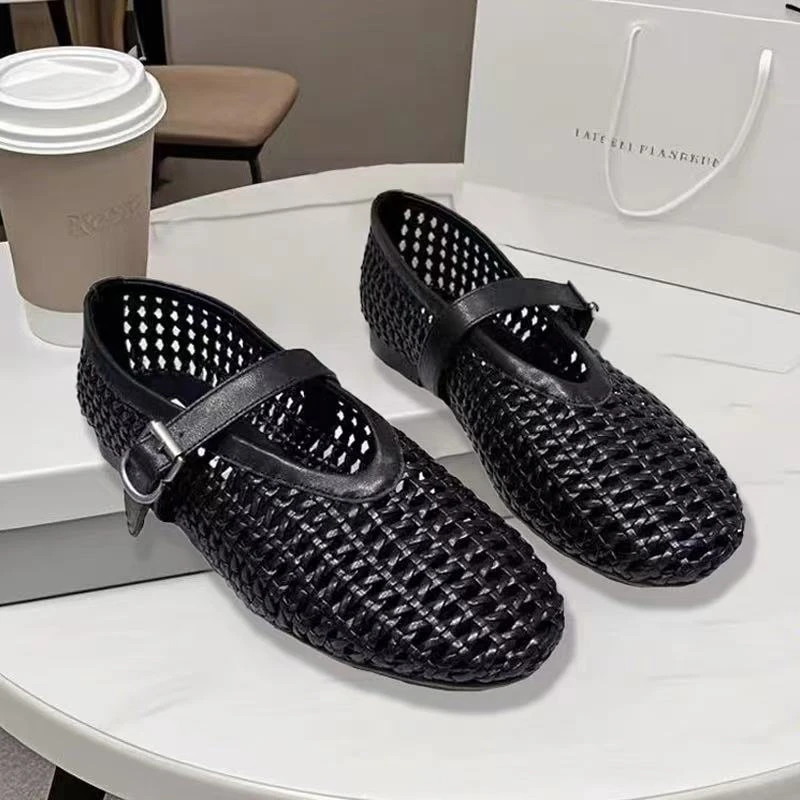 真皮编织女鞋一字扣尖头镂空时尚单鞋平底舞鞋芭蕾舞鞋牛皮986-7