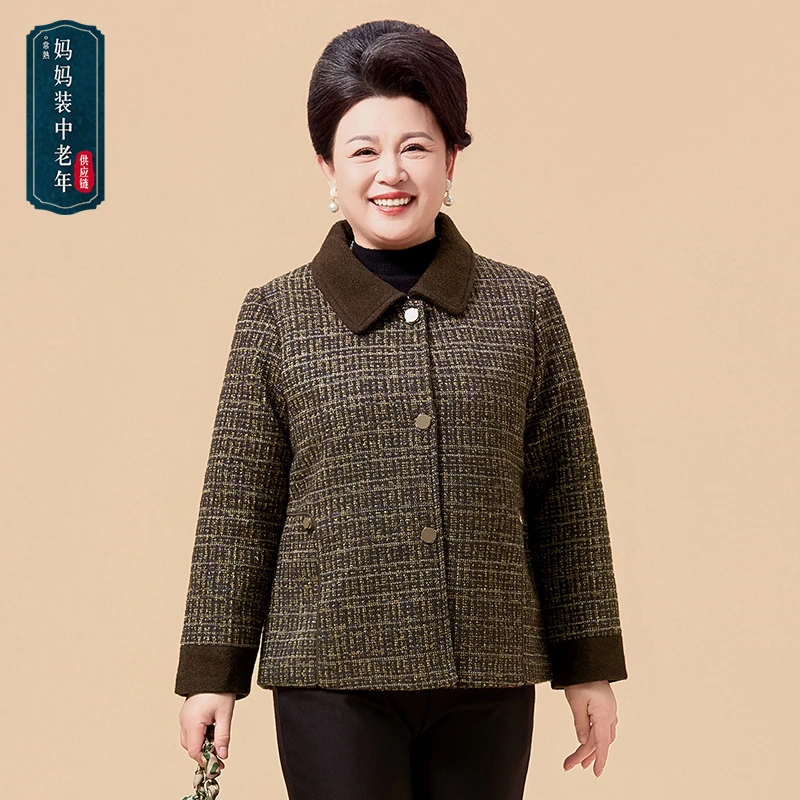 秋季新中式气质翻领单排扣毛呢外套大码妈妈装中老年时尚休闲上衣