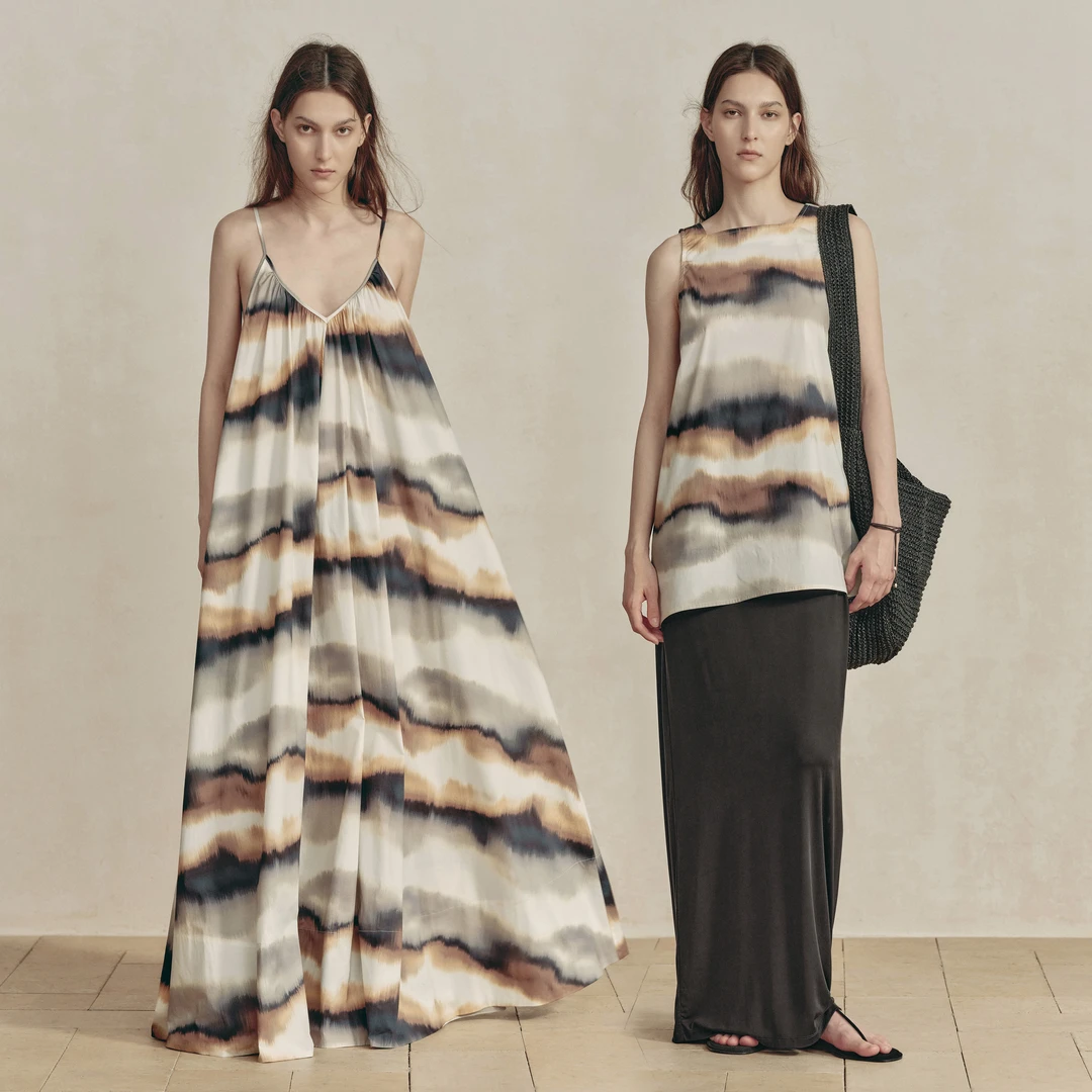 白弓BAIGONG/度假系列抽象渐变色花纹无袖连衣裙套装55709X