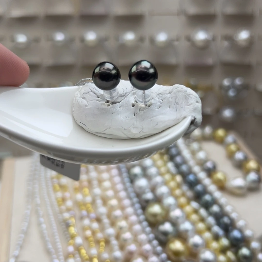 银S925镶嵌耳饰海水珍珠9mm正圆大溪地素钉孔雀绿