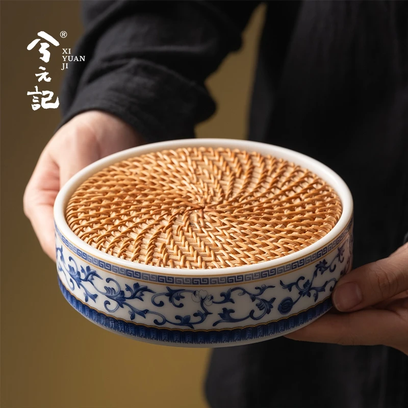兮元记青花缠枝莲陶瓷干泡盘茶盘家用中式茶台沥水茶托盘茶具配件