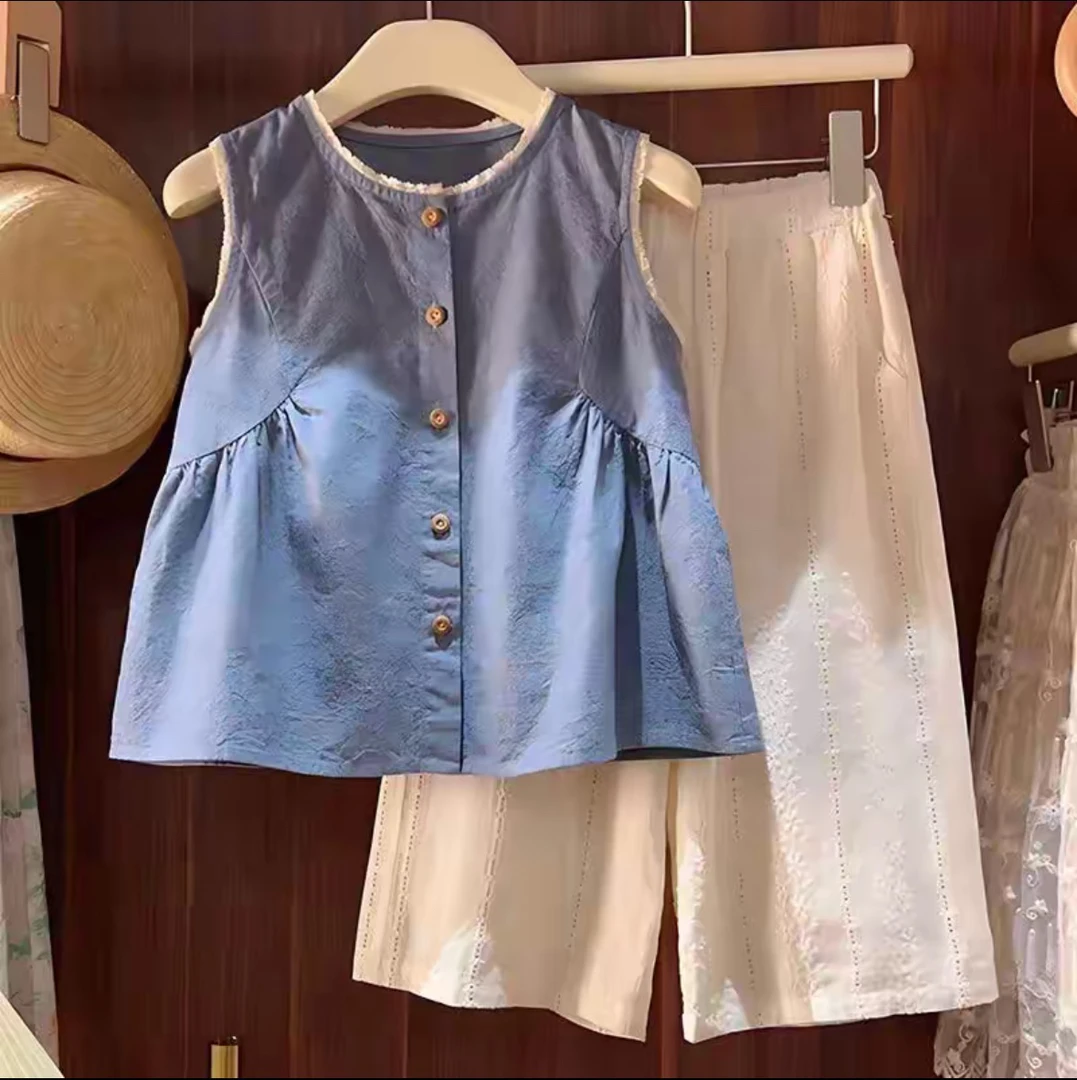 夏季女童时尚套装-牛仔上衣提花裤子款