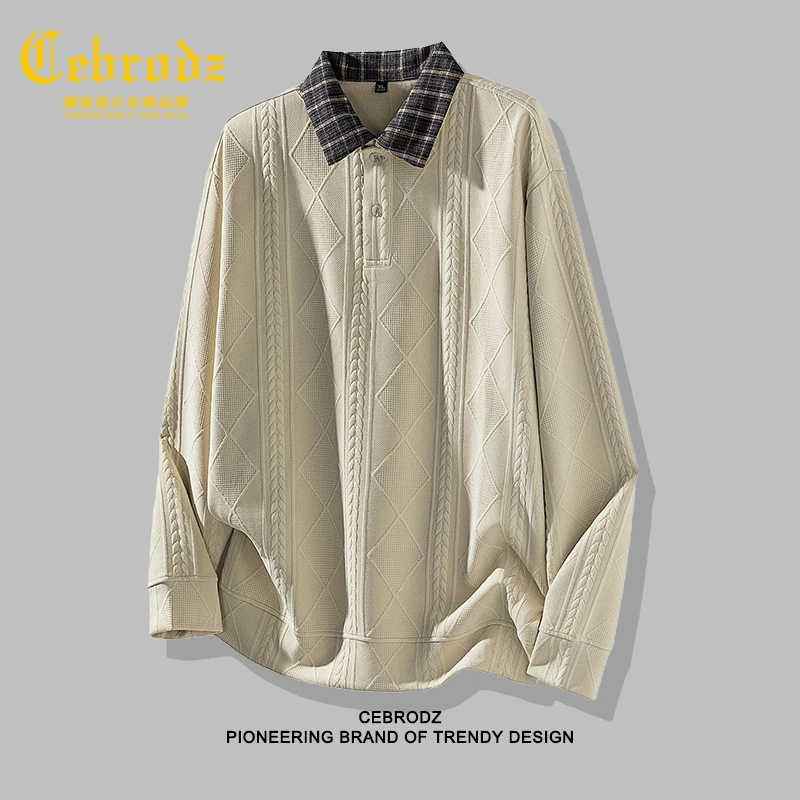 法国Cebrodz秋季新款翻领拼色卫衣男潮流宽松复古针织衫百搭休闲