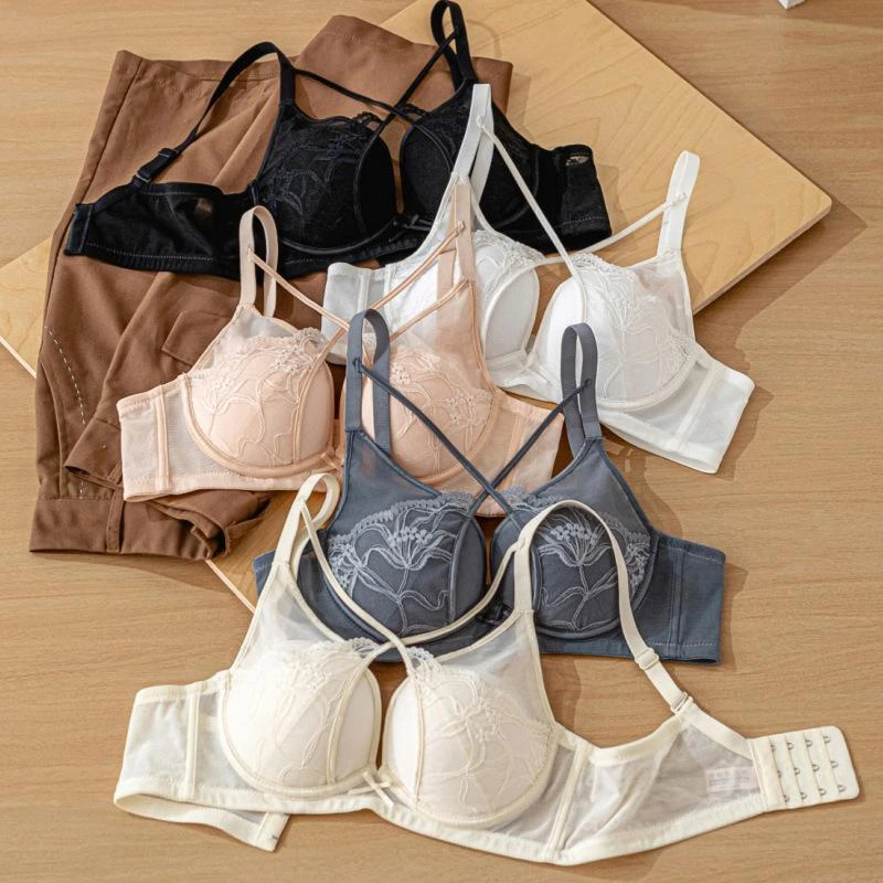 K美胸交叉蕾丝内衣女小胸聚拢透气收副乳无钢圈法式文胸罩锦纶S