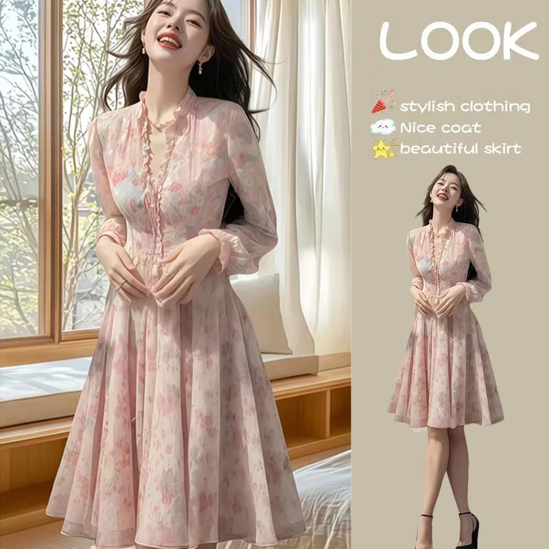 2025年春秋季新款时尚连衣裙女装百搭小众设计感长袖气质甜美显瘦