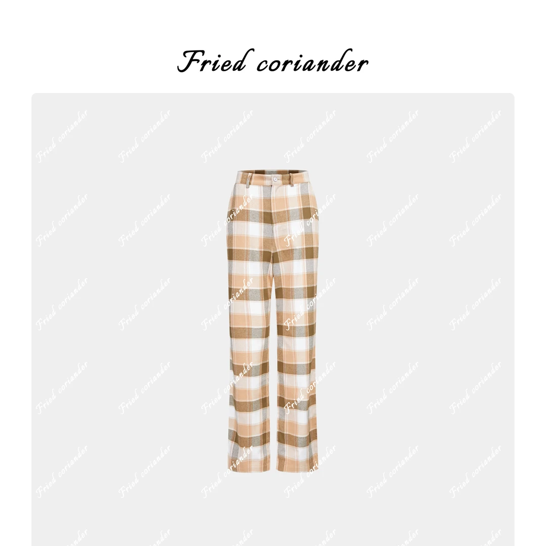 杜仲格子裤 浅黄色直筒时尚休闲格子裤王璇原创设计