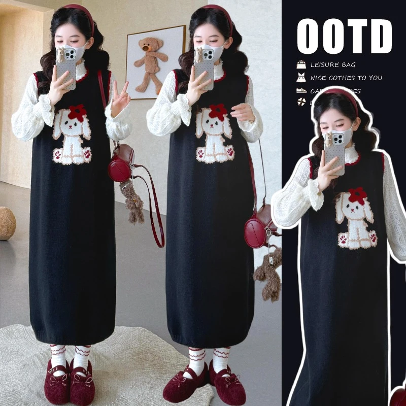 孕妇秋冬套装2026新款时尚连衣裙秋冬季毛衣背心裙蕾丝上衣两件套