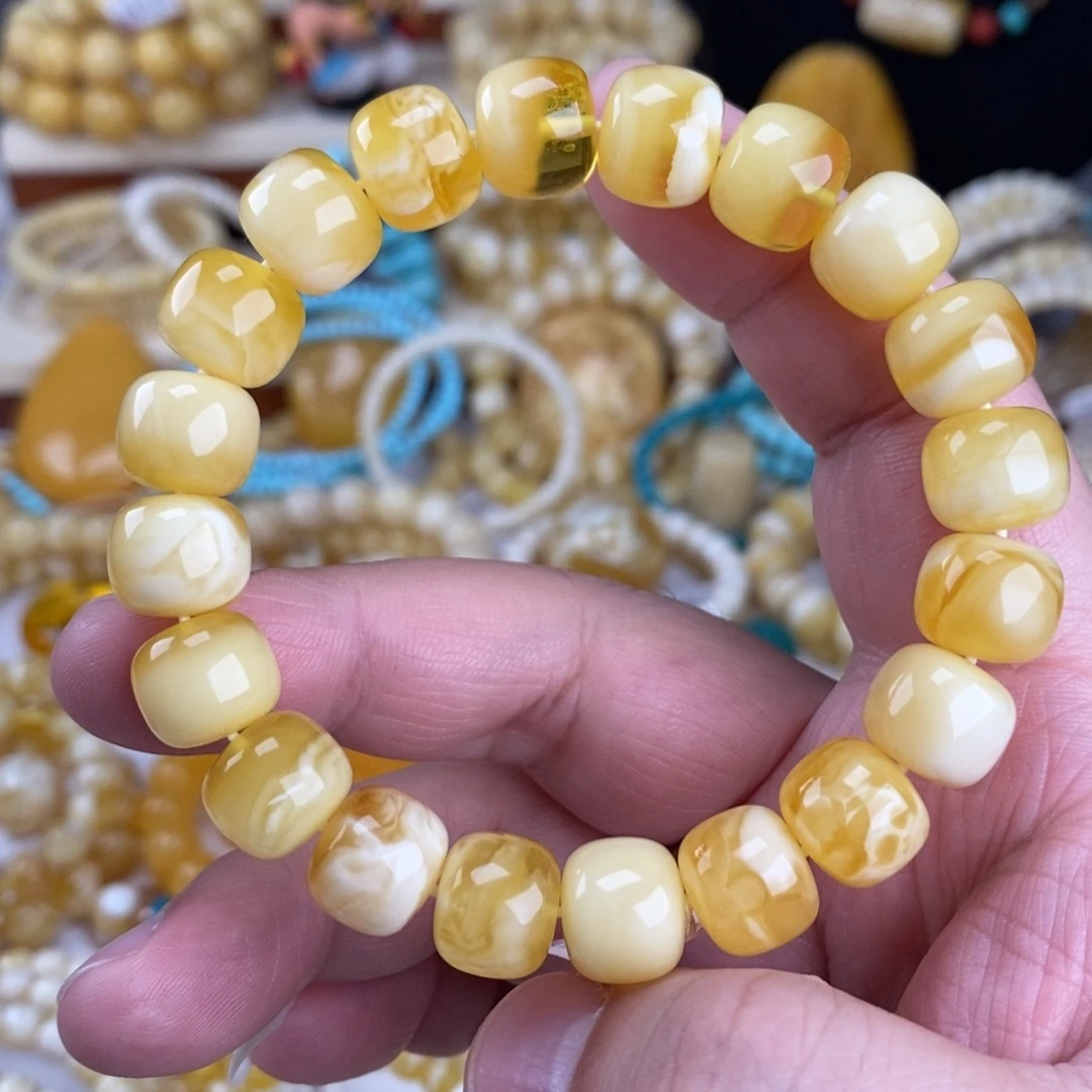 蜜蜡未镶嵌手链金瓷白妖花12mm