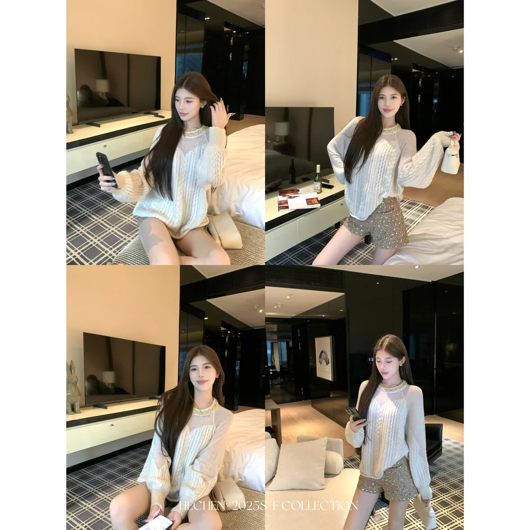 【禾呈】宽松慵懒显瘦拼接套头亮片女秋冬圆领时尚针织上衣10671