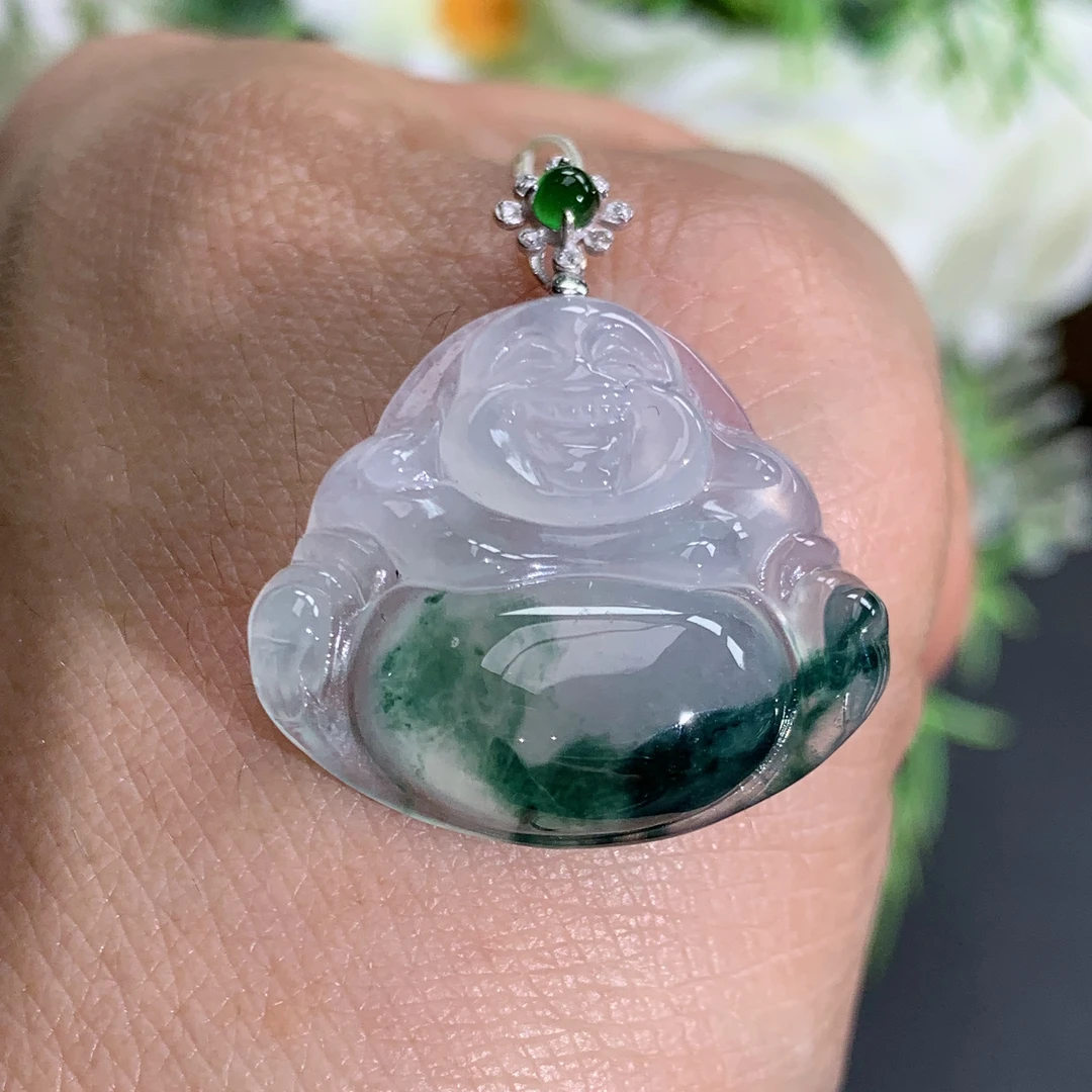 尺寸20.8×24.1×5.8缅甸天然翡翠A货18k金冰种起胶蓝花佛公吊坠
