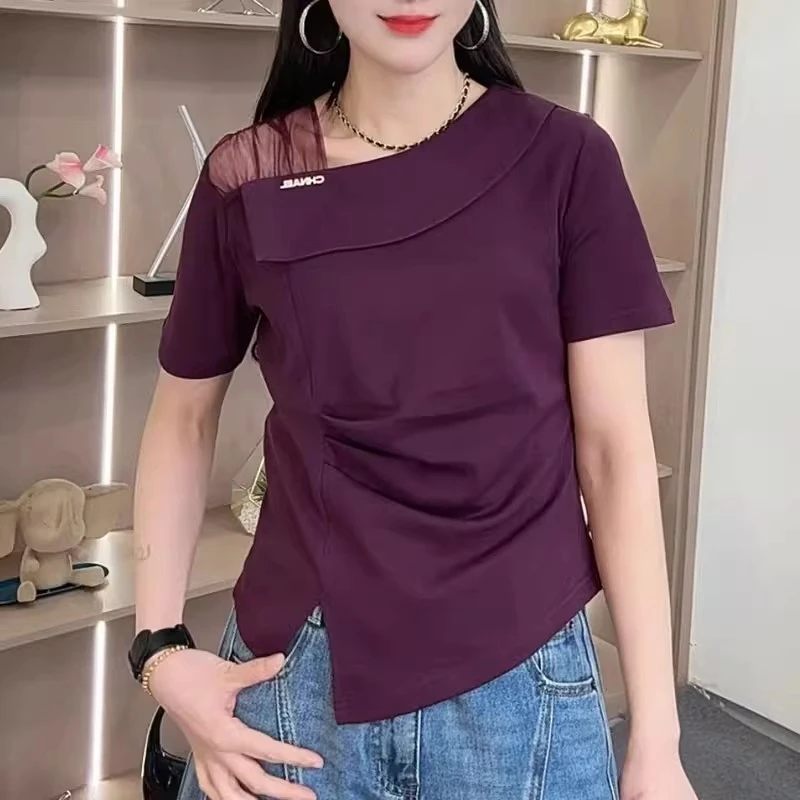 露肩网纱短袖t恤女2025夏季新款时尚开叉设计感气质修身百搭上衣