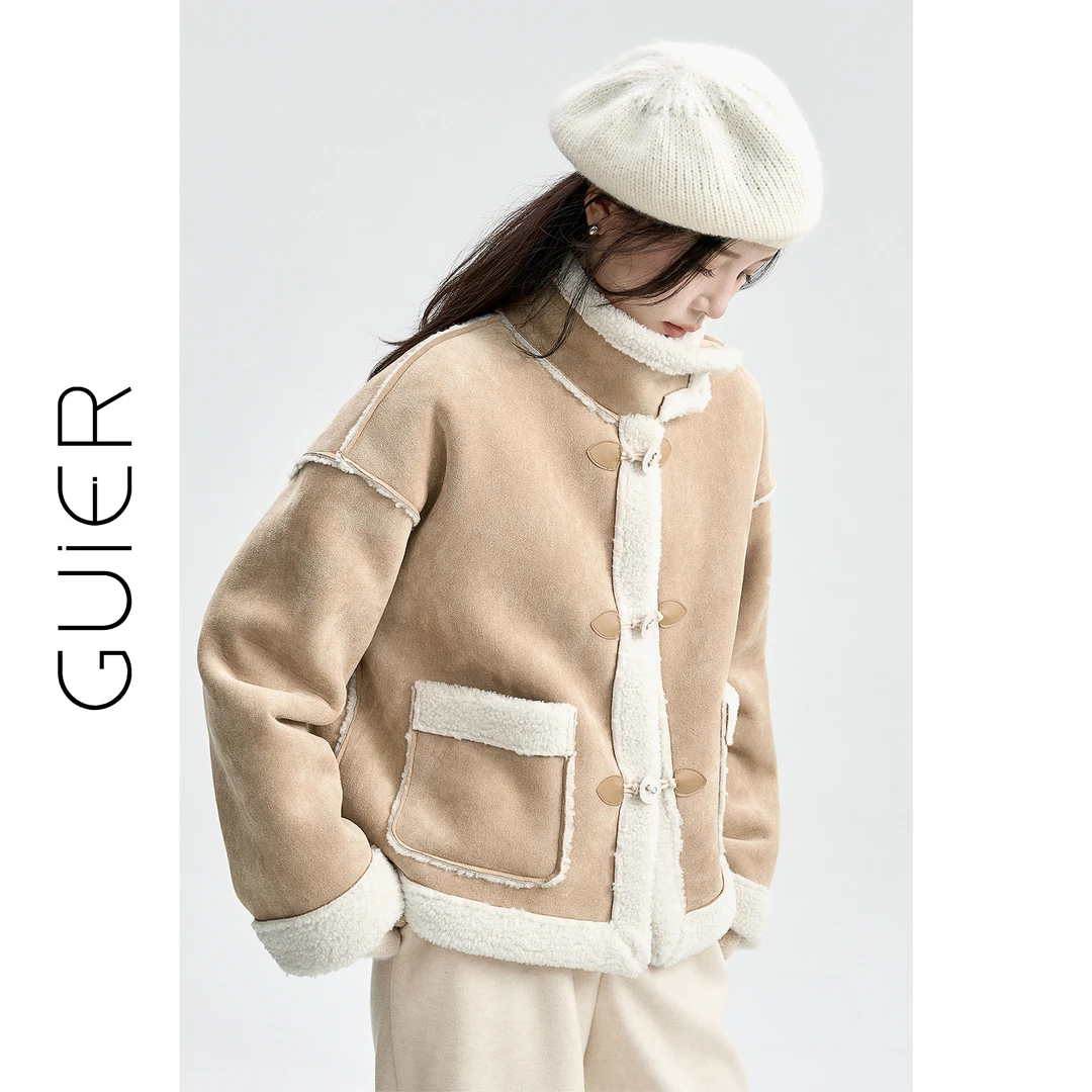 皮毛一体外套女2025新款冬季小众复古麂皮拼接立领上衣P0061