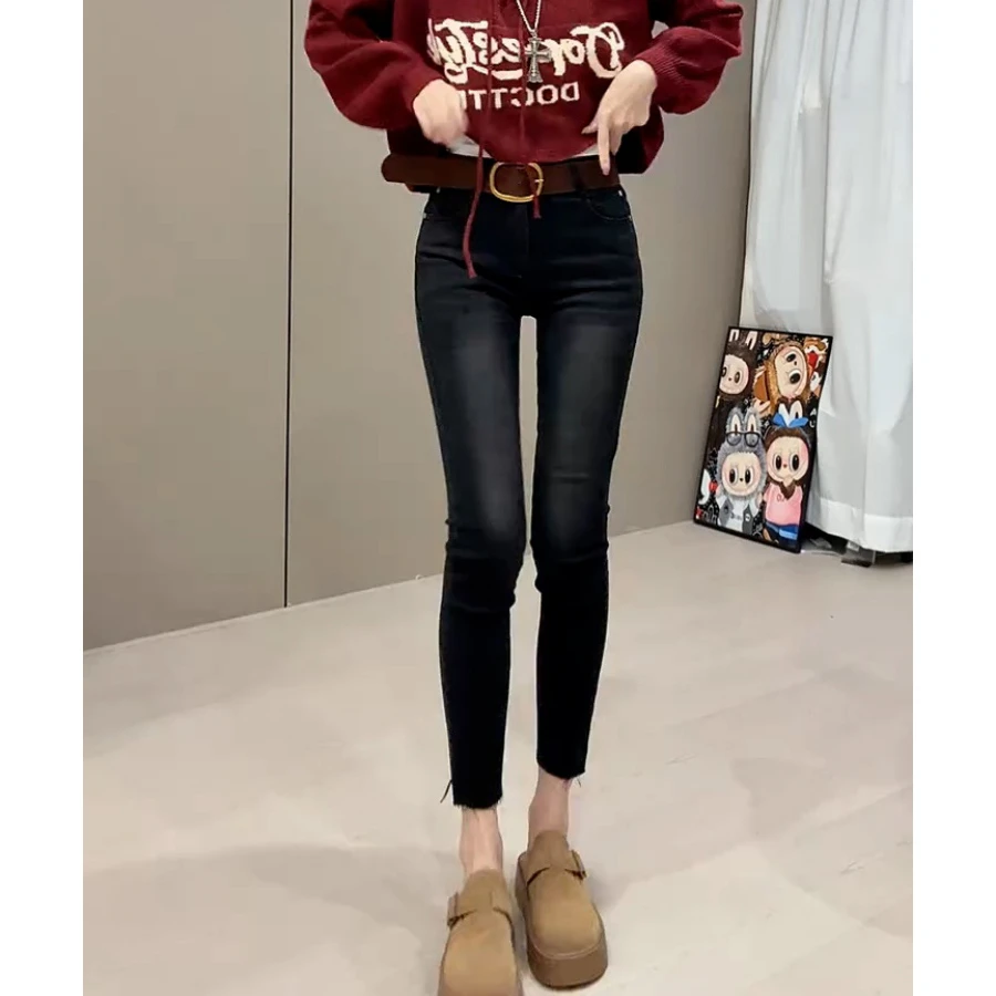 高腰弹力显瘦修身直筒小脚牛仔裤秋季新款设计感百搭九分铅笔裤子