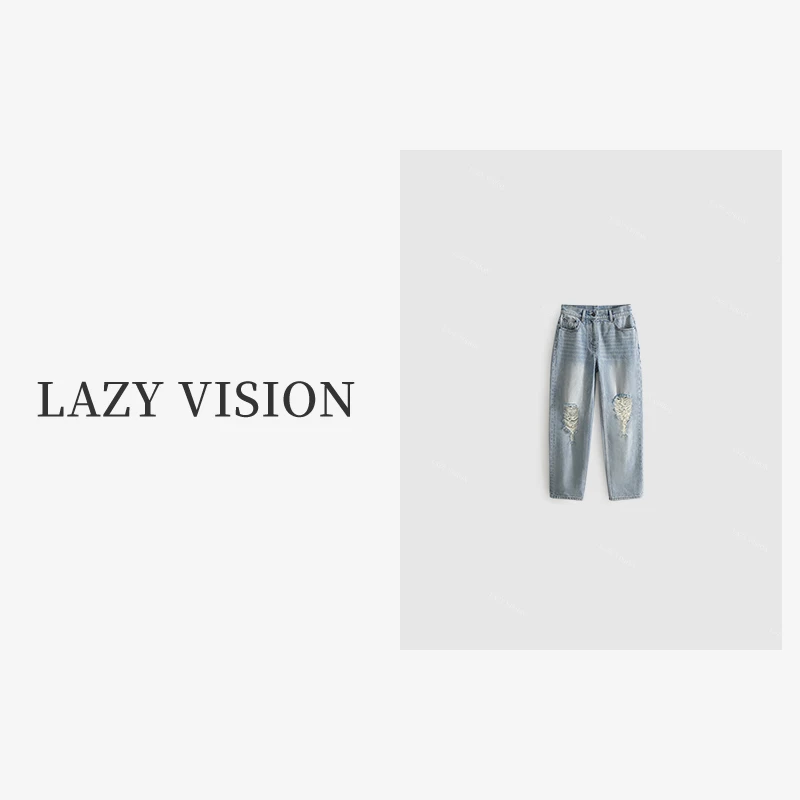 LAZYVISION【随意有度】复古水洗直筒破洞女士牛仔裤ZMD-20482