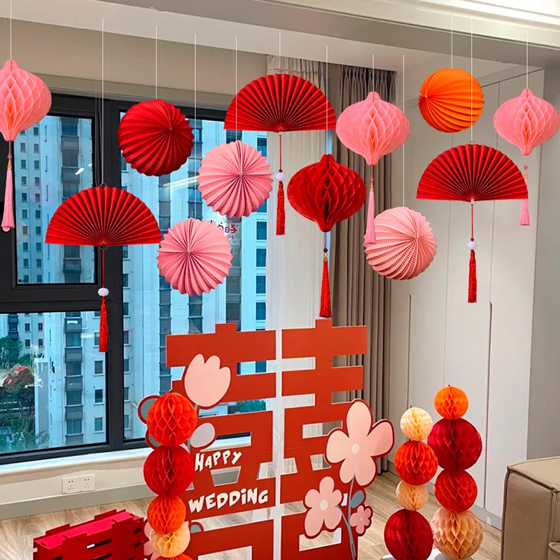 2025网红新房结婚布置中式纸灯笼客厅卧室婚房装饰套装背景墙挂件