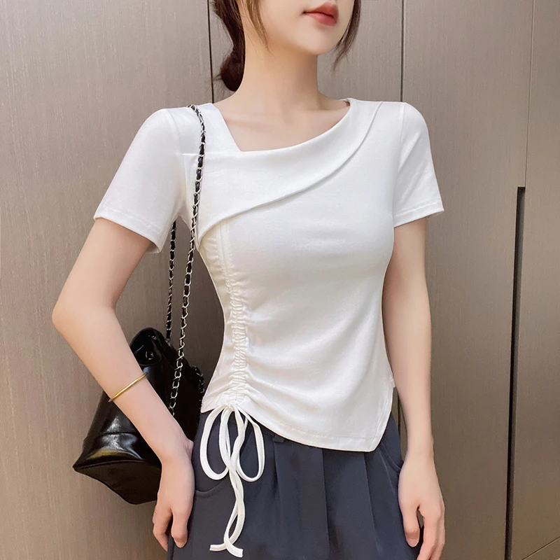 法式白色斜领短袖t恤夏季新款不规则侧边收腰系带针织打底女上衣