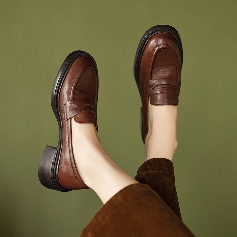 手工鞋/5CM粗跟厚底小皮鞋春秋真皮复古百搭乐福鞋粗跟单鞋女M712