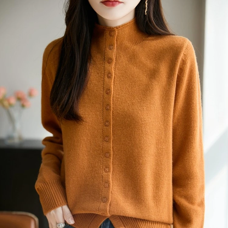 秋冬新款小方扣半高领针织开衫外套毛衣打底时尚百搭休闲薄款
