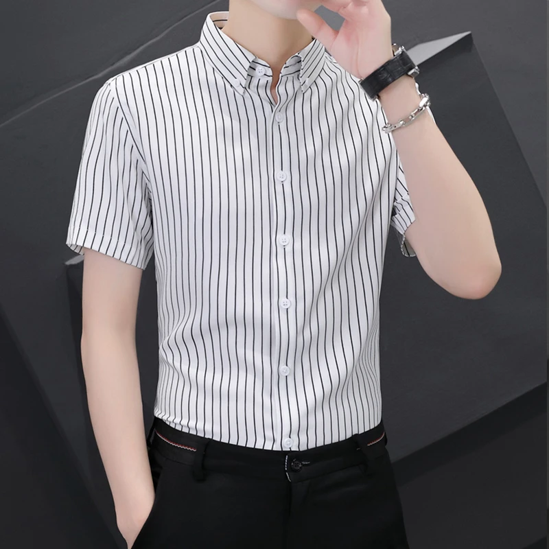 短袖男潮牌潮流衬衫夏季修身半袖条纹衬衣服帅气商务休闲冰丝凉感